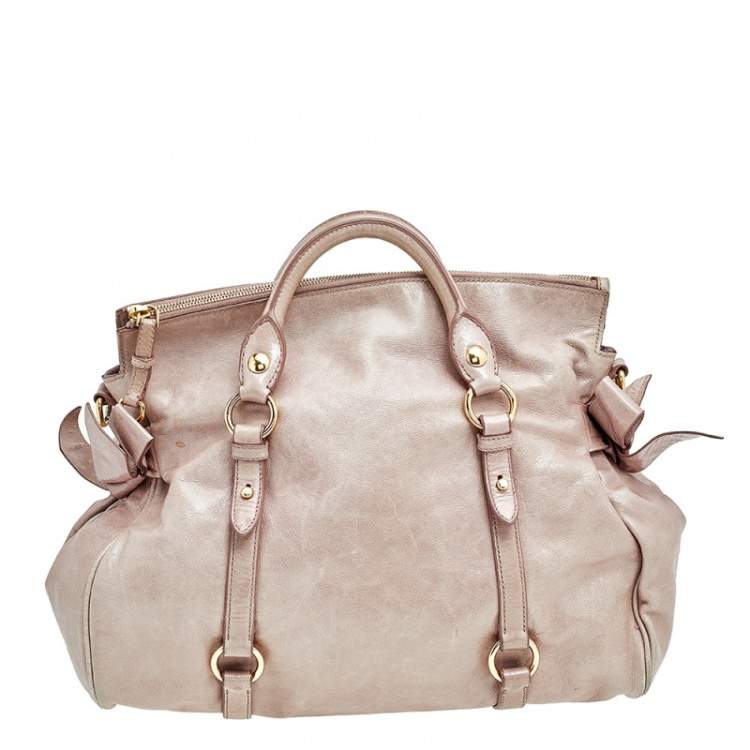 Pre Owned Miu Miu Beige Vitello Lux Leather Large Bow Satchel