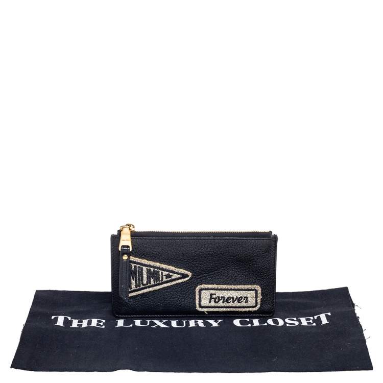 Pre Owned Miu Miu Black Leather Patch Zip Card Case