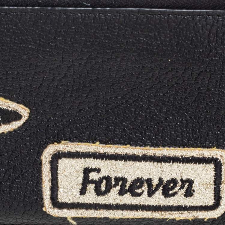 Pre Owned Miu Miu Black Leather Patch Zip Card Case