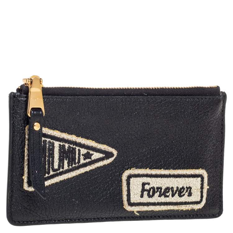 Pre Owned Miu Miu Black Leather Patch Zip Card Case