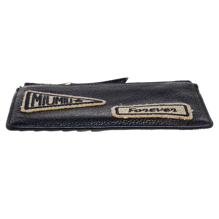 Pre Owned Miu Miu Black Leather Patch Zip Card Case