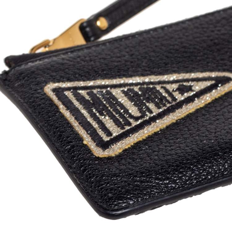 Pre Owned Miu Miu Black Leather Patch Zip Card Case
