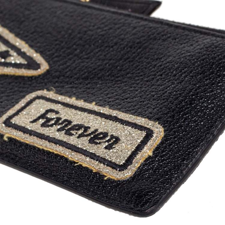 Pre Owned Miu Miu Black Leather Patch Zip Card Case