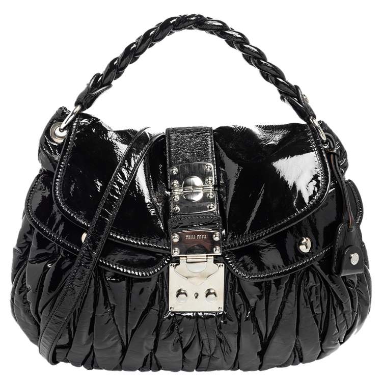 Pre Owned Miu Miu Black Matelassé Patent Leather Coffer Hobo