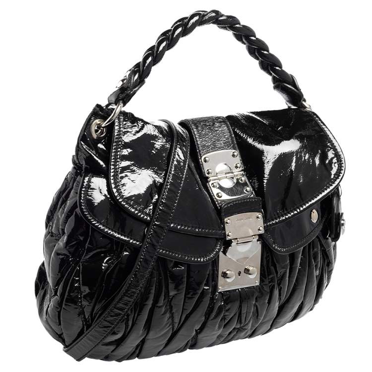 Pre Owned Miu Miu Black Matelassé Patent Leather Coffer Hobo