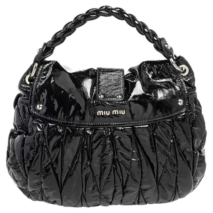 Pre Owned Miu Miu Black Matelassé Patent Leather Coffer Hobo