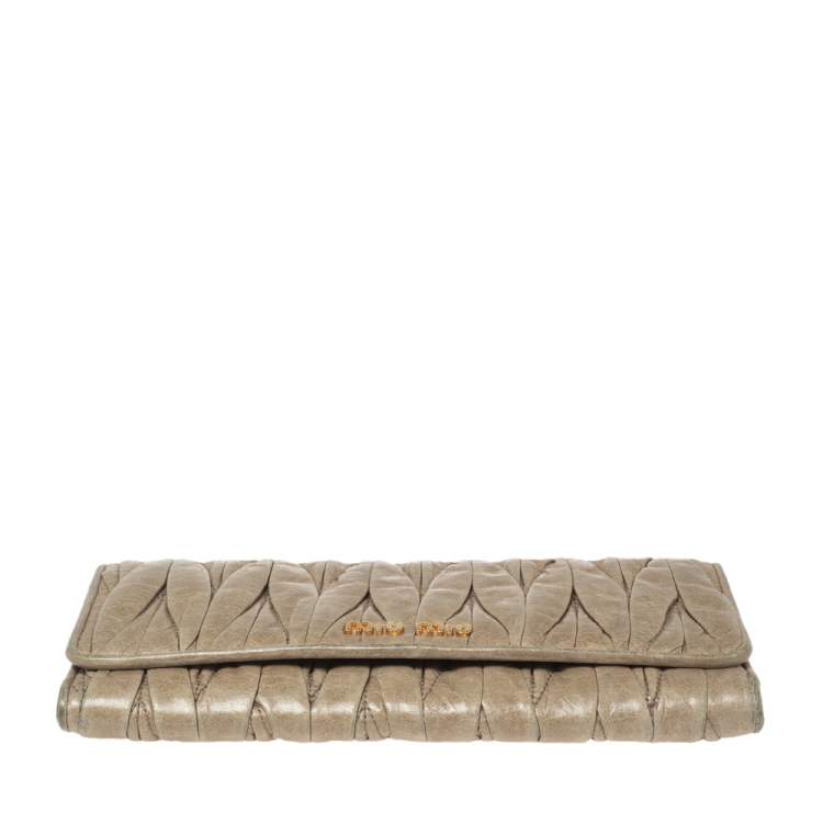 Pre Owned Miu Miu Pale Green Matelassé Leather Flap Continental Wallet