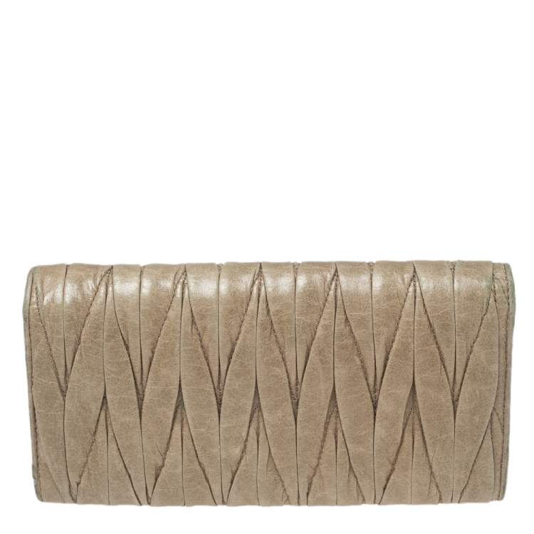 Pre Owned Miu Miu Pale Green Matelassé Leather Flap Continental Wallet