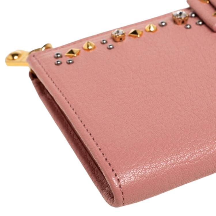 Pre Owned Miu Miu Pink Leather Studded Bow Crystal Embellished Zip Around Wallet