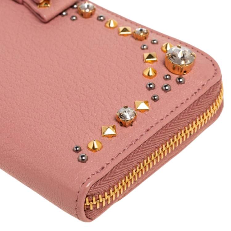 Pre Owned Miu Miu Pink Leather Studded Bow Crystal Embellished Zip Around Wallet