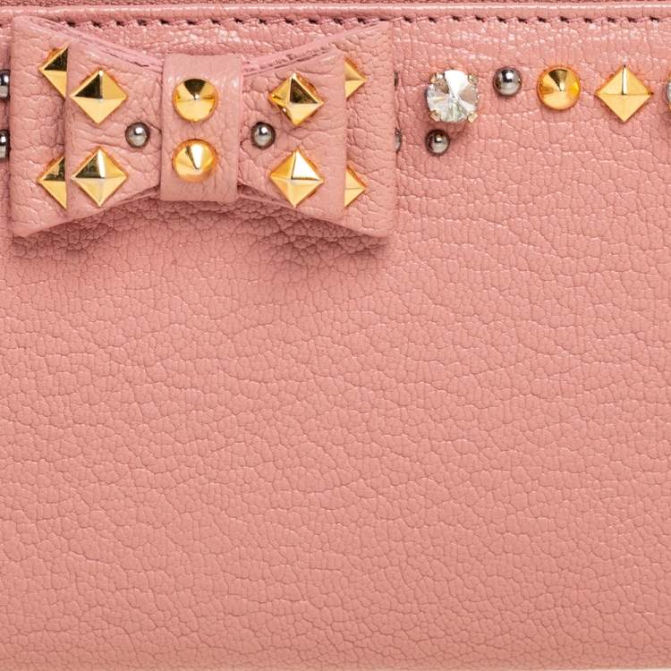 Pre Owned Miu Miu Pink Leather Studded Bow Crystal Embellished Zip Around Wallet
