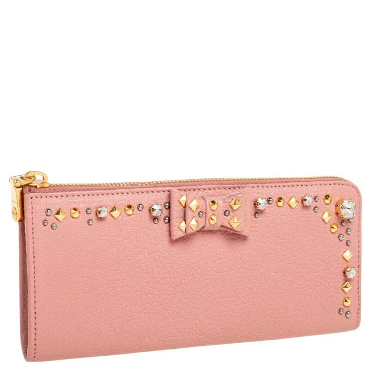Pre Owned Miu Miu Pink Leather Studded Bow Crystal Embellished Zip Around Wallet