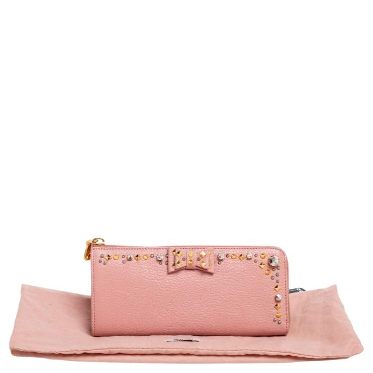 Pre Owned Miu Miu Pink Leather Studded Bow Crystal Embellished Zip Around Wallet