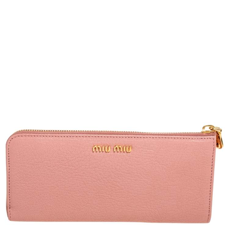 Pre Owned Miu Miu Pink Leather Studded Bow Crystal Embellished Zip Around Wallet