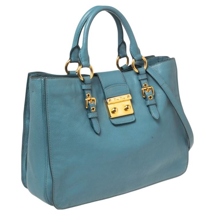 Pre Owned Miu Miu Blue Madras Leather Tote