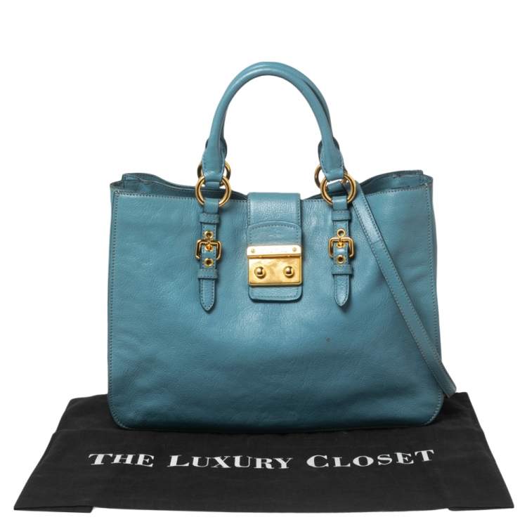 Pre Owned Miu Miu Blue Madras Leather Tote
