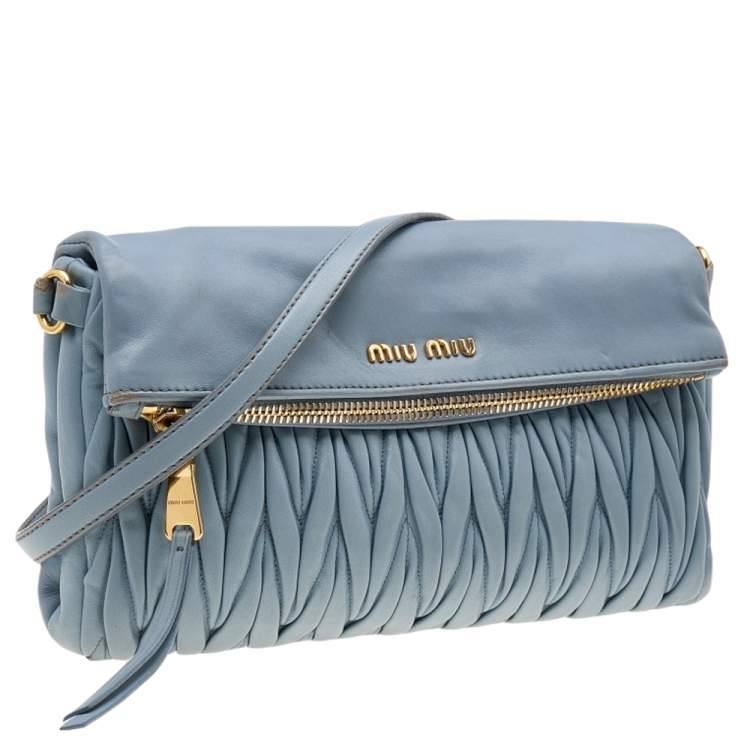 Pre Owned Miu Miu Blue Leather Matelassé Leather Flap Shoulder Bag