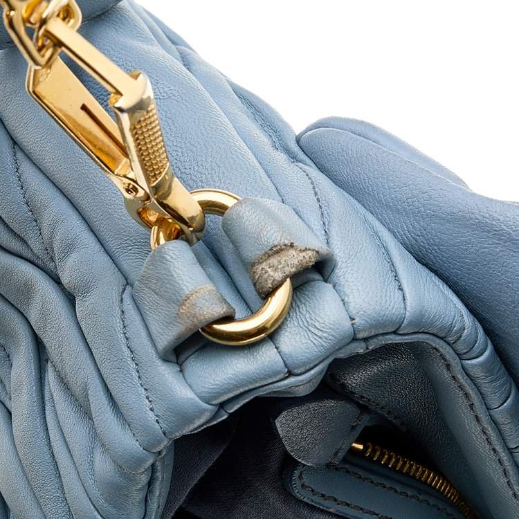 Pre Owned Miu Miu Blue Leather Matelassé Leather Flap Shoulder Bag
