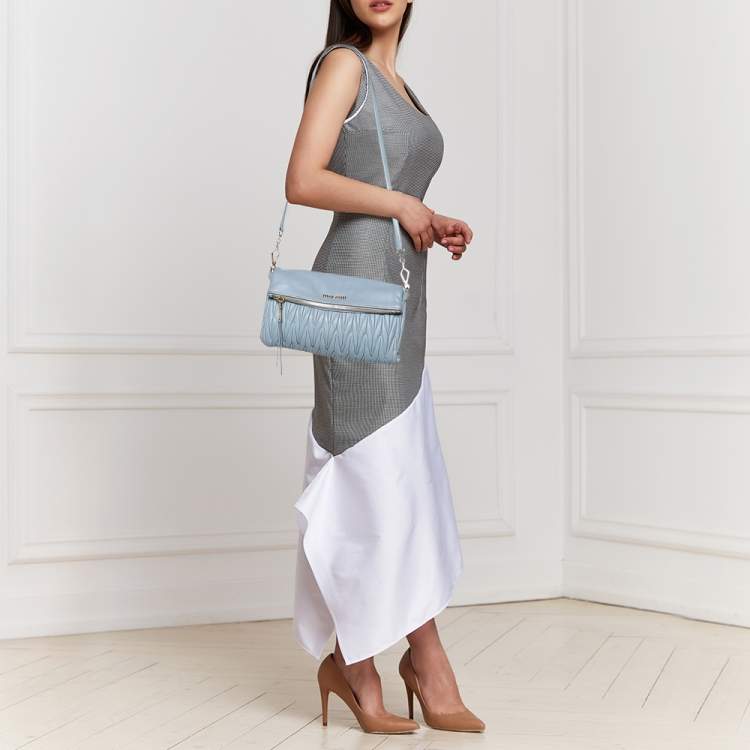Pre Owned Miu Miu Blue Leather Matelassé Leather Flap Shoulder Bag