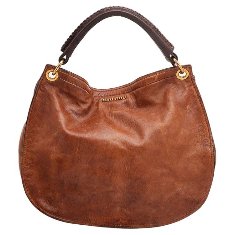 Pre Owned Miu Miu Brown Ostrich And Leather Top Handle Bag