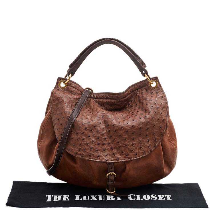 Pre Owned Miu Miu Brown Ostrich And Leather Top Handle Bag