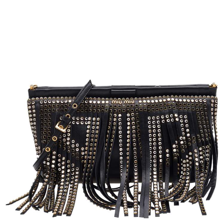 Pre Owned Miu Miu Black Leather Crystal Embellished Fringed Clutch
