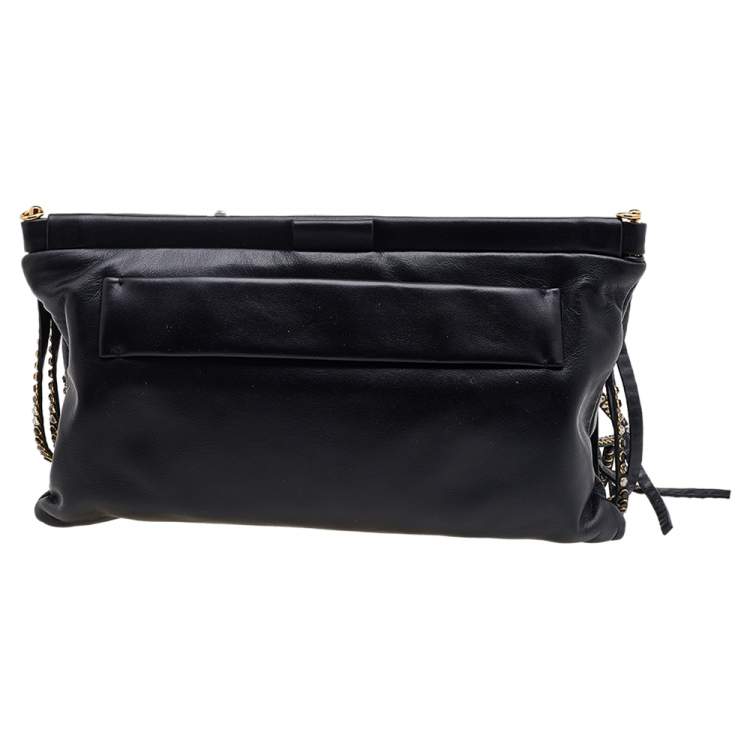 Pre Owned Miu Miu Black Leather Crystal Embellished Fringed Clutch