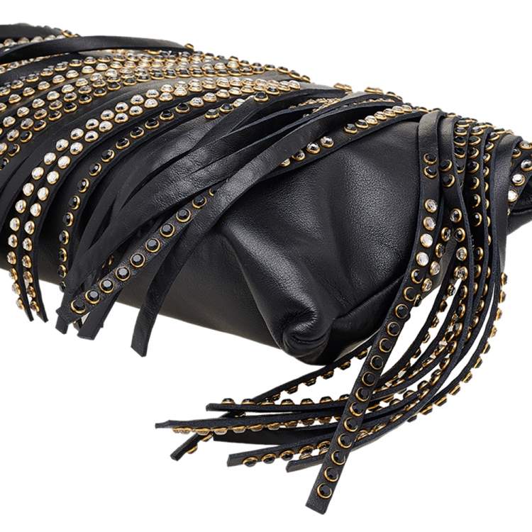 Pre Owned Miu Miu Black Leather Crystal Embellished Fringed Clutch