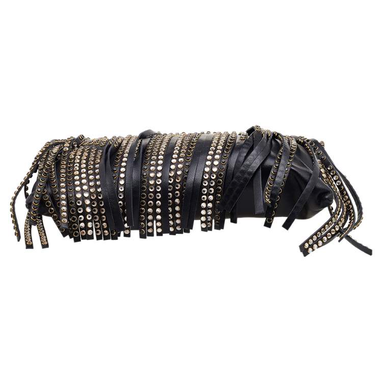 Pre Owned Miu Miu Black Leather Crystal Embellished Fringed Clutch