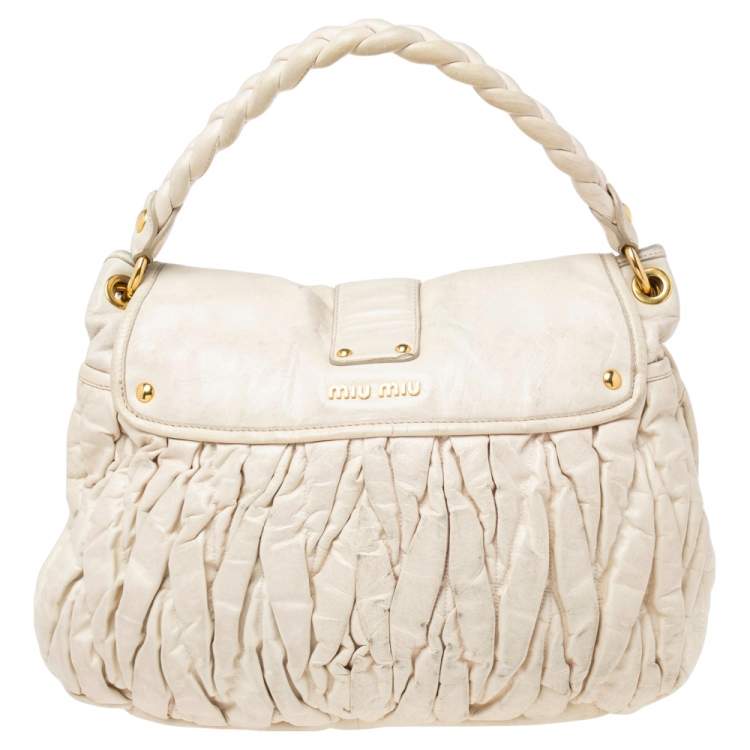 Pre Owned Miu Miu Off White Matelassé Leather Coffer Hobo