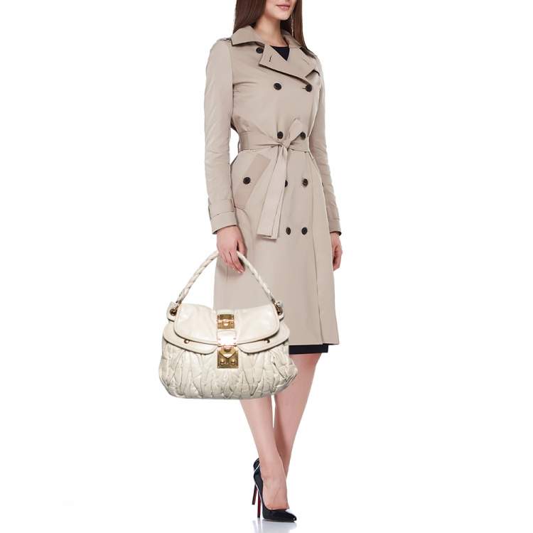 Pre Owned Miu Miu Off White Matelassé Leather Coffer Hobo