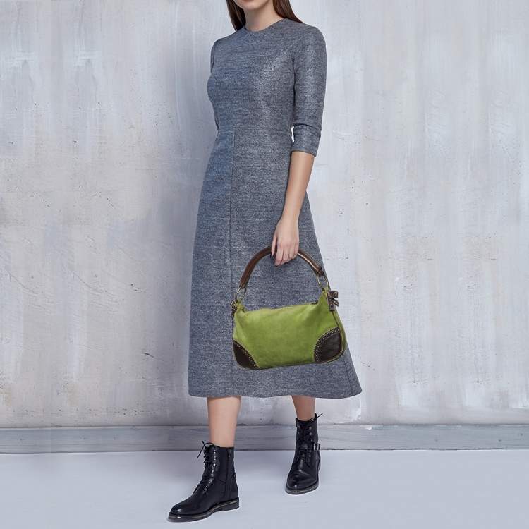 Pre Owned Miu Miu Green/Dark Brown Suede And Leather Brogue Hobo