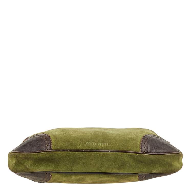 Pre Owned Miu Miu Green/Dark Brown Suede And Leather Brogue Hobo