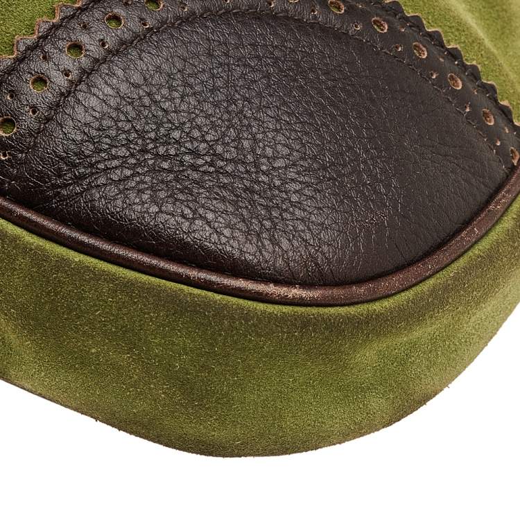 Pre Owned Miu Miu Green/Dark Brown Suede And Leather Brogue Hobo
