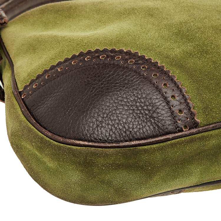 Pre Owned Miu Miu Green/Dark Brown Suede And Leather Brogue Hobo