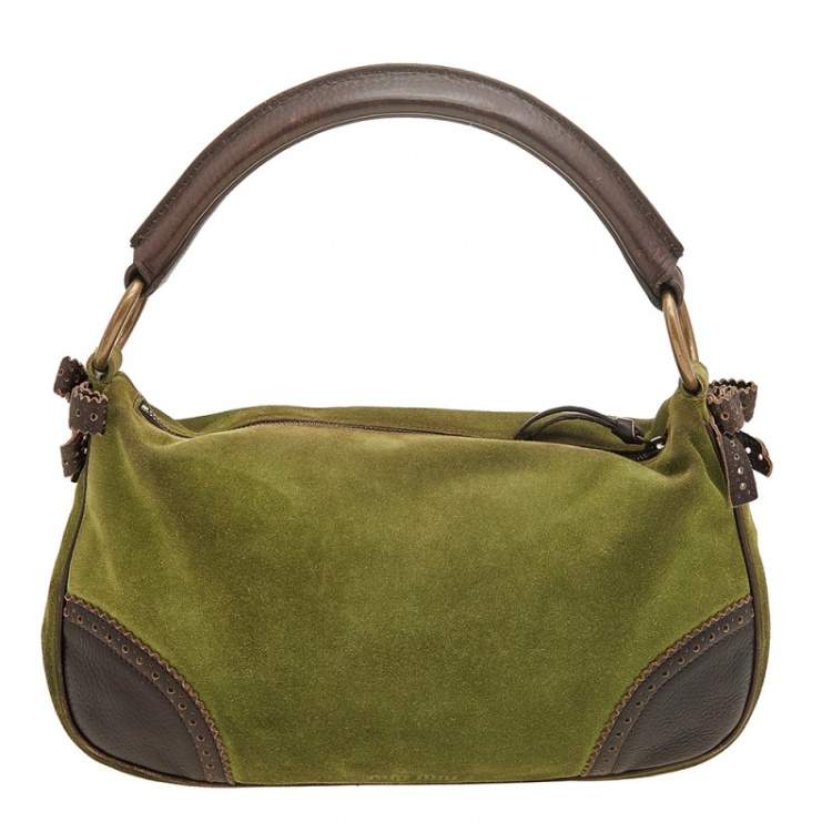 Pre Owned Miu Miu Green/Dark Brown Suede And Leather Brogue Hobo