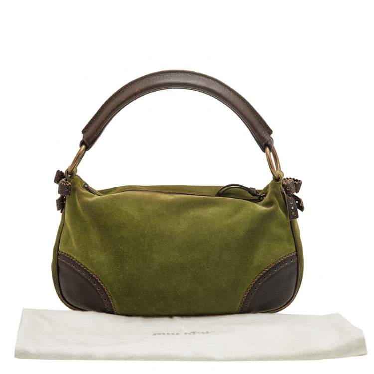 Pre Owned Miu Miu Green/Dark Brown Suede And Leather Brogue Hobo