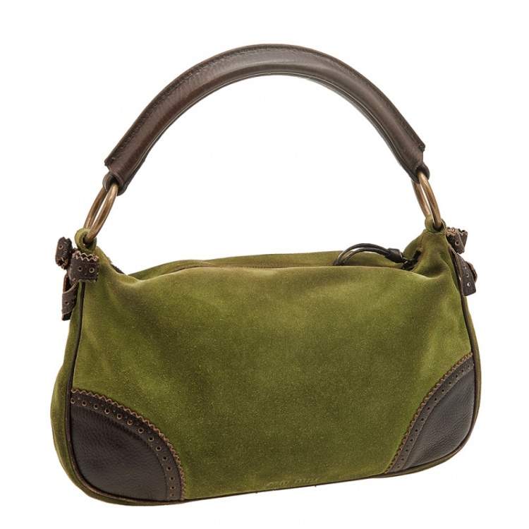 Pre Owned Miu Miu Green/Dark Brown Suede And Leather Brogue Hobo