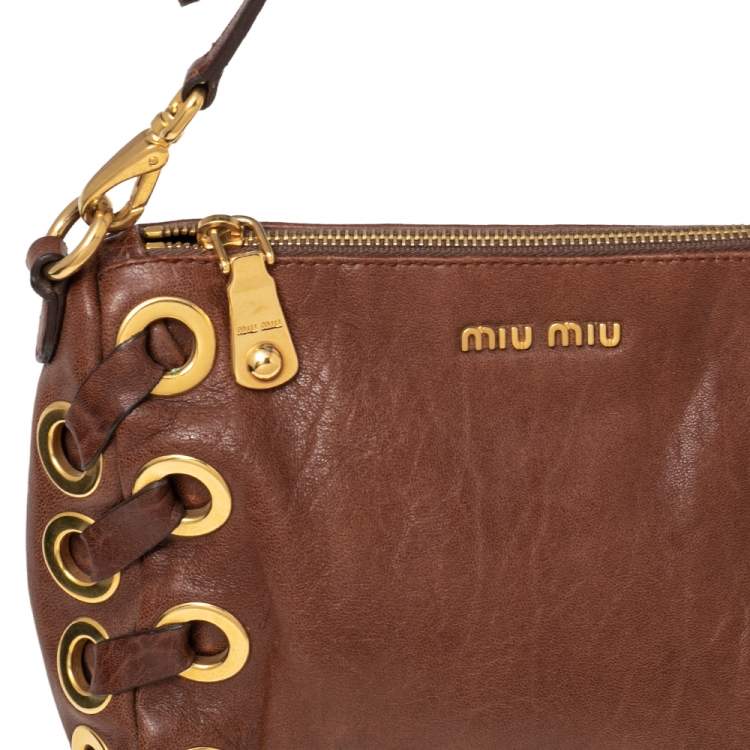 Pre Owned Miu Miu Brown Leather Eyelet Pochette Clutch
