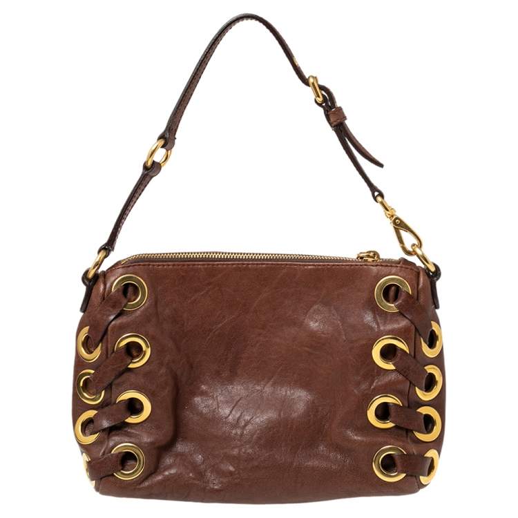 Pre Owned Miu Miu Brown Leather Eyelet Pochette Clutch