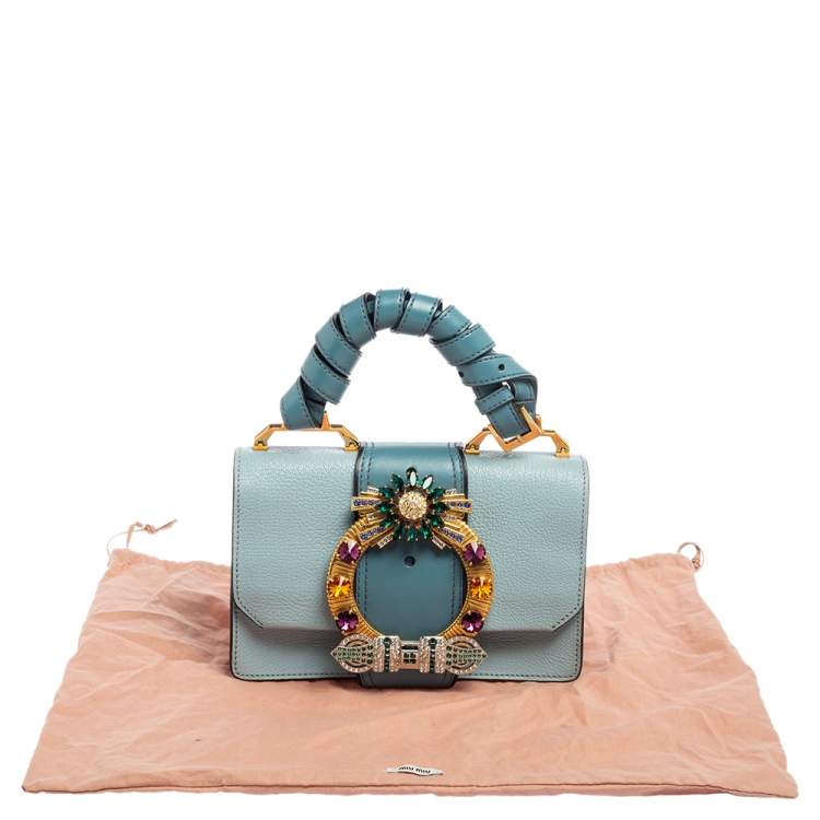 Pre Owned Miu Miu Two Tone Blue Leather Crystal Embellished Flap Top Handle Bag