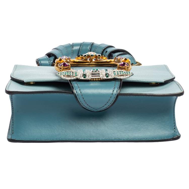Pre Owned Miu Miu Two Tone Blue Leather Crystal Embellished Flap Top Handle Bag