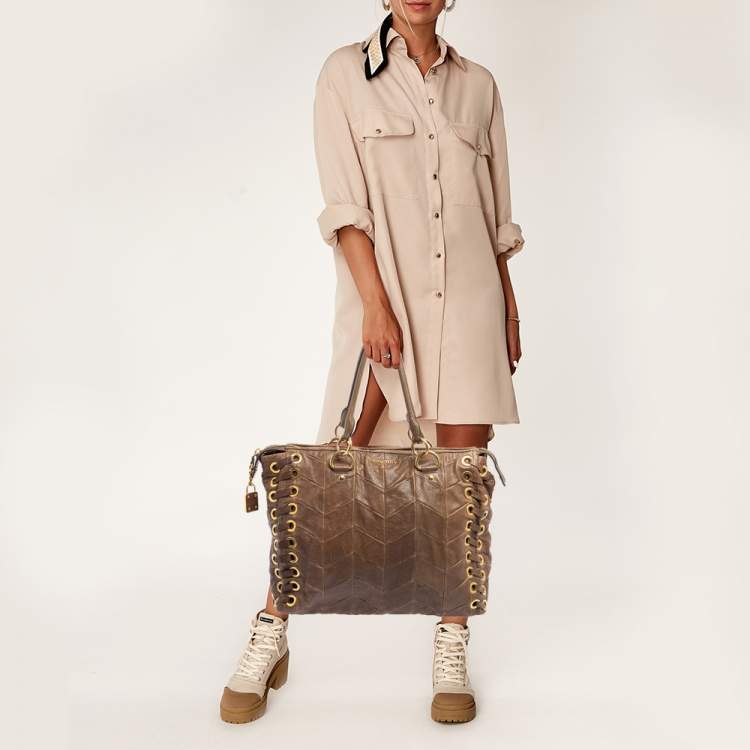 Pre Owned Miu Miu Brown Chevron Leather Grommet Satchel