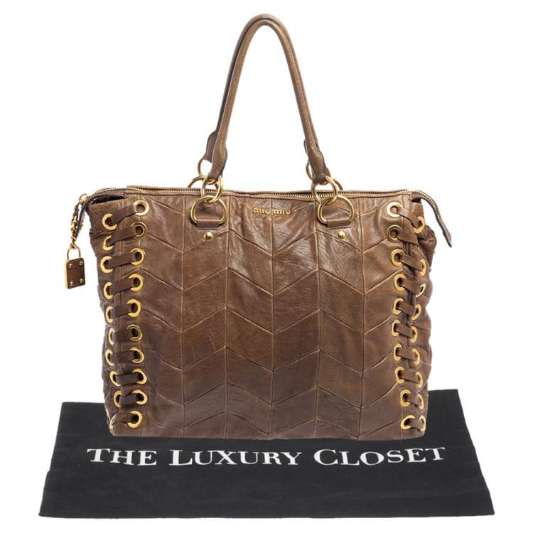 Pre Owned Miu Miu Brown Chevron Leather Grommet Satchel