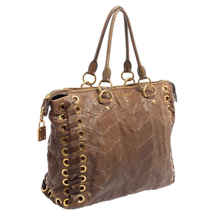 Pre Owned Miu Miu Brown Chevron Leather Grommet Satchel