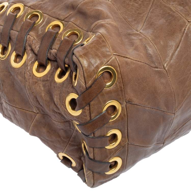 Pre Owned Miu Miu Brown Chevron Leather Grommet Satchel