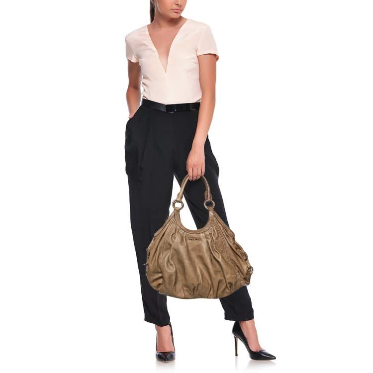 Pre Owned Miu Miu Brown Vitello Leather Sport Hobo