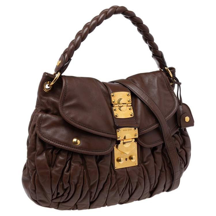 Pre Owned Miu Miu Brown Matelassé Leather Coffer Hobo