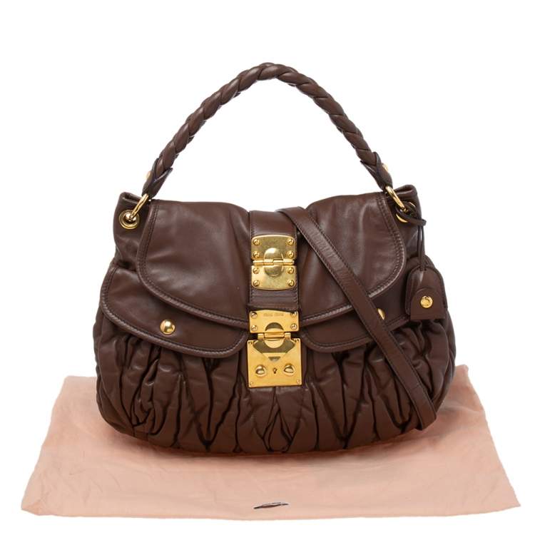Pre Owned Miu Miu Brown Matelassé Leather Coffer Hobo
