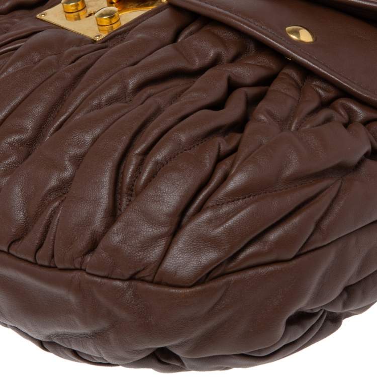 Pre Owned Miu Miu Brown Matelassé Leather Coffer Hobo